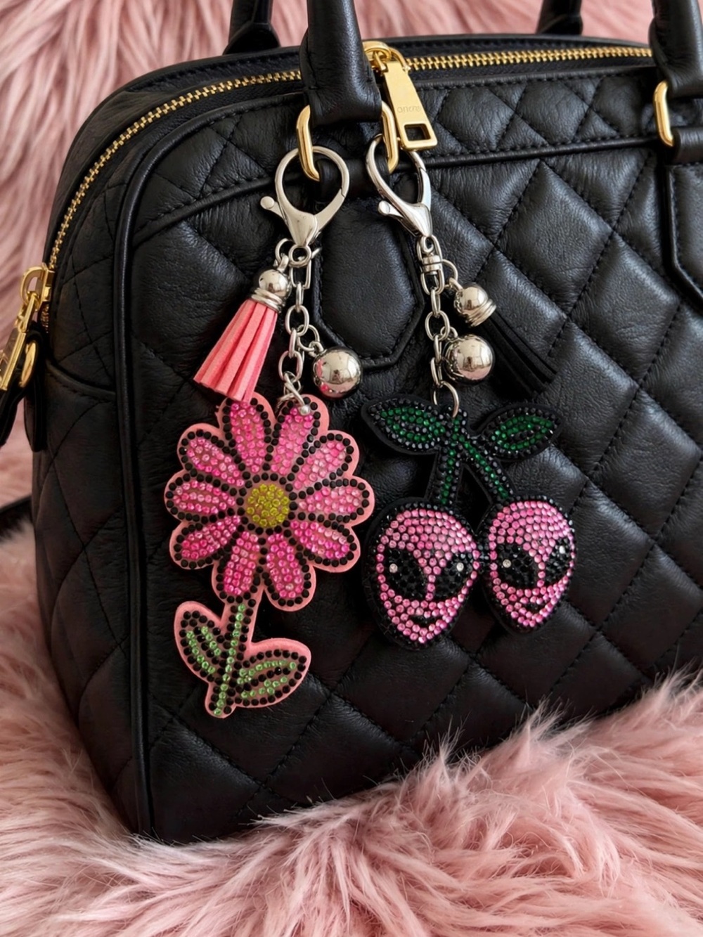 Flower and cherry aliens rhinestone keychains